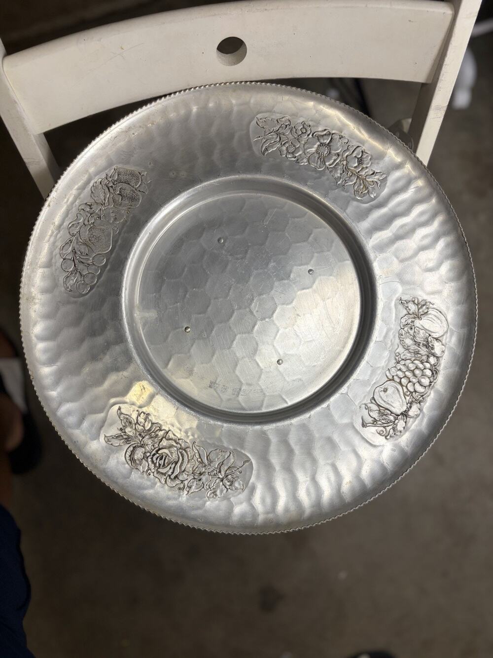 Vintage Hand Wrought Aluminum Lazy Susan Tray By Cromwell 1950s-60 Flowers Fruit